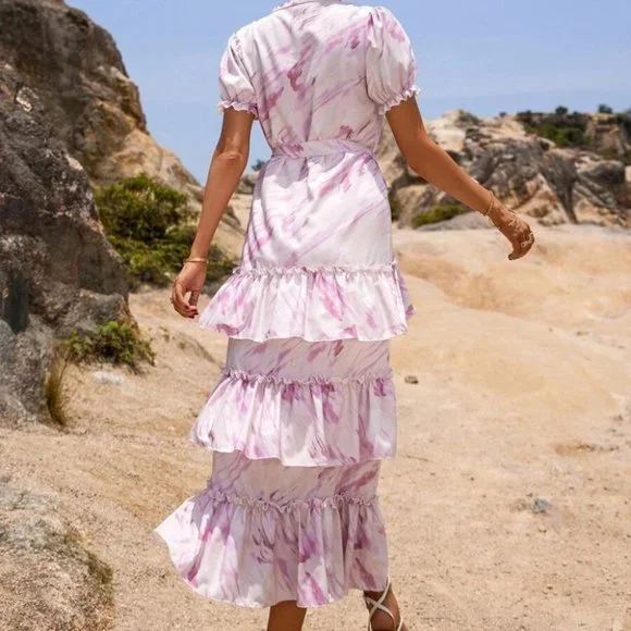 Tie Dye Layered Hem Puff Sleeve Belted Maxi  Dress - Picture 2 of 6